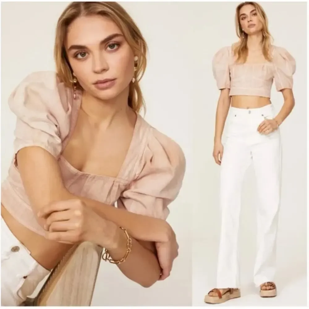 Ulla Johnson Size 12 Renee Denim Bustier Puff Sleeve Crop Top Sweetbriar Blush